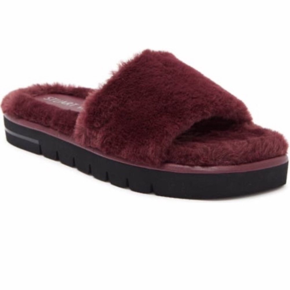 Wine Red Faux Fur Elodie Chill Open-Toe Slide Sandal | Stuart Weitzman